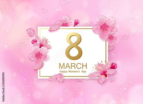 8 march modern background design with flowers. Happy women's day stylish greeting card with cherry blossoms and petals.