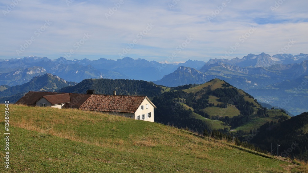 Mountain ranges and restaurant. View from mount Rigi, Switzerland.
