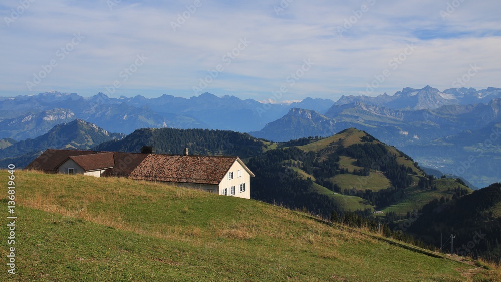 Mountain ranges and restaurant. View from mount Rigi, Switzerland. Mountain ranges and restaurant. View from mount Rigi, Switzerland.