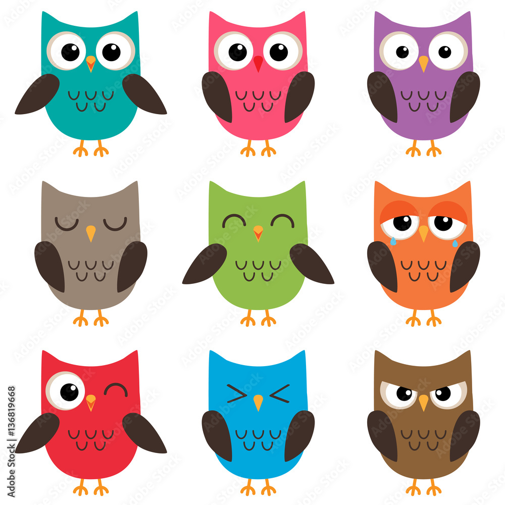 Set of cute cartoon owls emotions Set of cute cartoon owls emotions