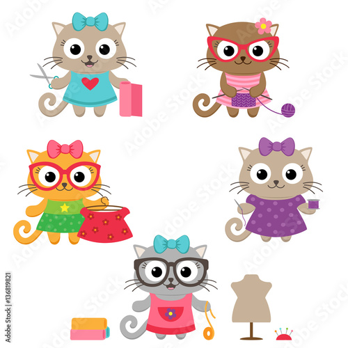 Cute little cat girls with sewing accessories