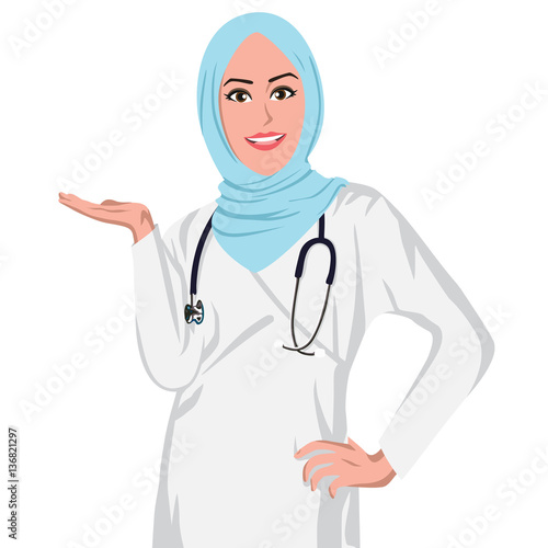 Beautiful Muslim Doctor Wearing Hijab. Flat Design Vector Illustration