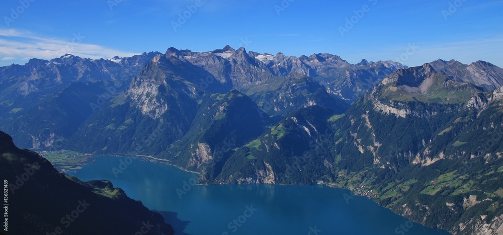 Lake Vierwaldstattersee and mount Uri Rotstock, view from mount Fronalpstock Lake Vierwaldstattersee and mount Uri Rotstock, view from mount Fronalpstock