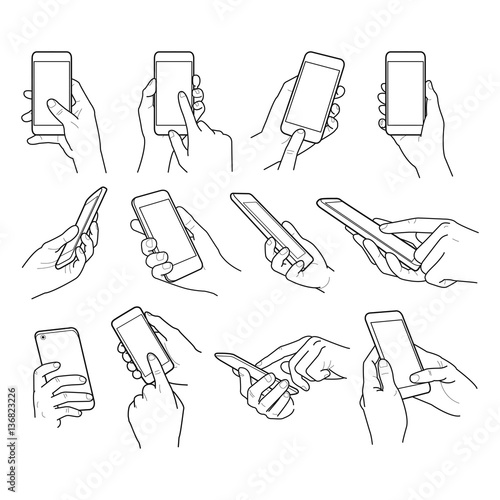Hands collection outline - Mobile vector set illustration