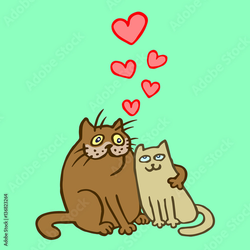 Sweet Enamored Cats. Romantic Mood. Cute Love. Freehand Digital Outline Drawing. Isolated Vector Illustration. © likozor