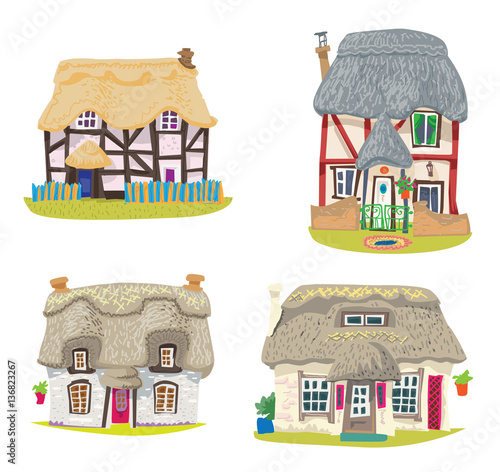 straw covered traditional vintage house - cartoon