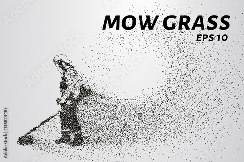 Mowing the grass from the particles. Silhouette mows the grass consists of dots and circles. Vector illustration