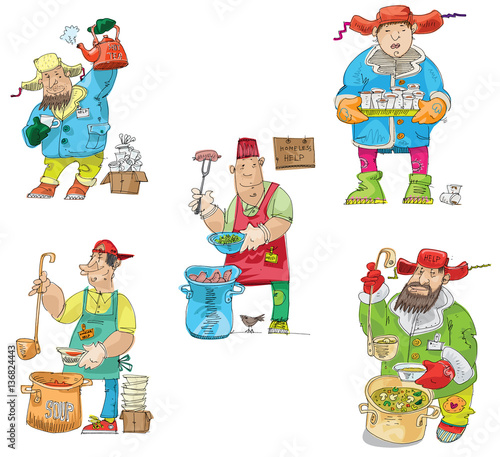 Feeding and warming of homeless. Help for starving people. Hot beverages and meals. Social workers and volunteers spreading free food. Empathy and compassion.