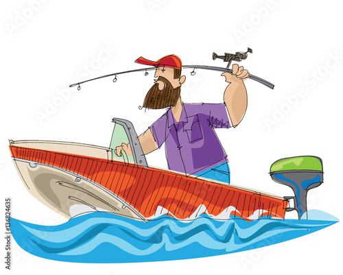 bearded fisher man in motorboat - cartoon