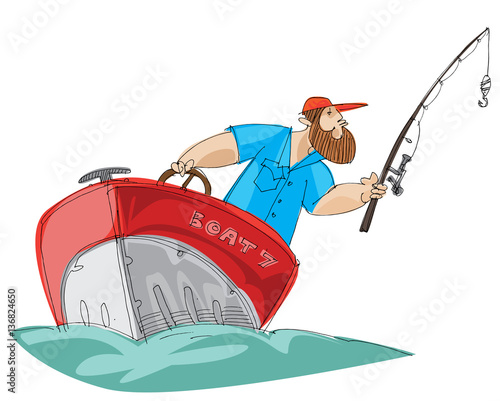 bearded fisher man in motorboat - cartoon
