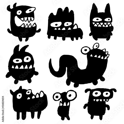 Funny Black Flat Monsters Isolated Vector Illustration. Aliens Look Like Mutant Bugs Germs.Cheerful Collection Creatures for Web Icons and Shirts. Pictures for Kids.