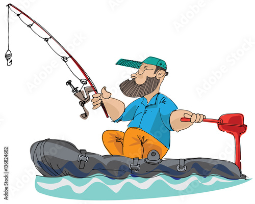 bearded fisher man with spoon-bait sitting in inflatable boat - cartoon
