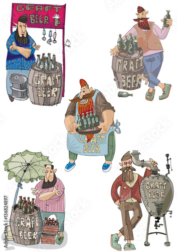 Craft beer vendorы. Bearded hipster trades with self made original beer. Food and beer festival.