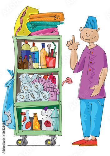 Hotel staff . Big cart full of stuff and equpment.