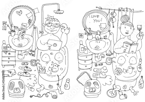 Young lady sitting in a bath surrounded different stuff. Young man sitting in a bath surrounded different stuff.
