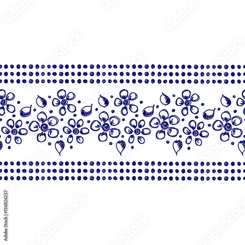 Seamless vector hand drawn floral pattern, endless border, frame with flowers, leaves. Decorative cute graphic line drawing illustration. Print for wrapping, background, fabric, decor, textile