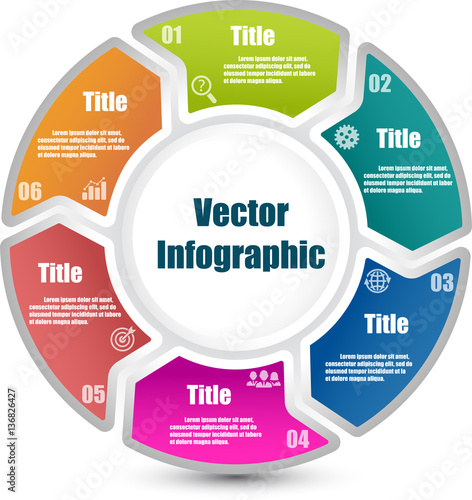 Circle infographic template with 6 steps and central element. Parts of the chart  with icons and numbers. For presentation and design concept. Vector illustration.