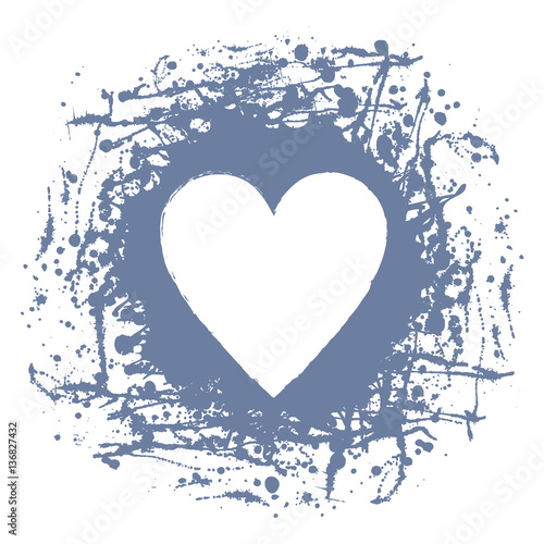 Vector graphic grunge illustration of heart sign with ink blot, brush strokes, drops isolated on the white background. Series of artistic illustration with splash, blots and brush strokes.