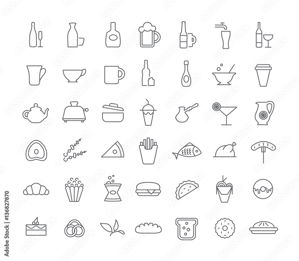 Icons with different drinks and food. Icons with different drinks and food.