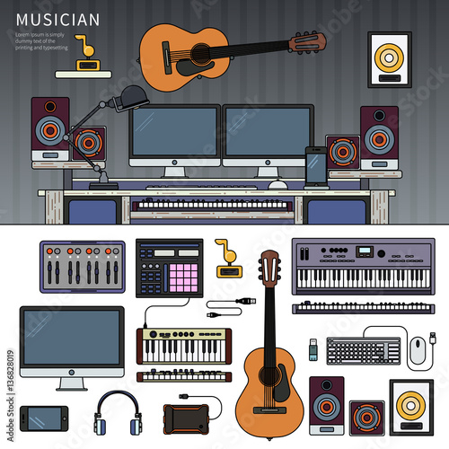 Musician workspace with musical instruments, sound recording studio