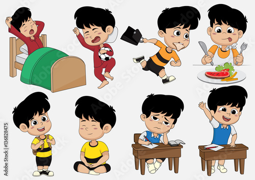 Set of kid activity, kid wake up,sleep,eat,go to school,learning