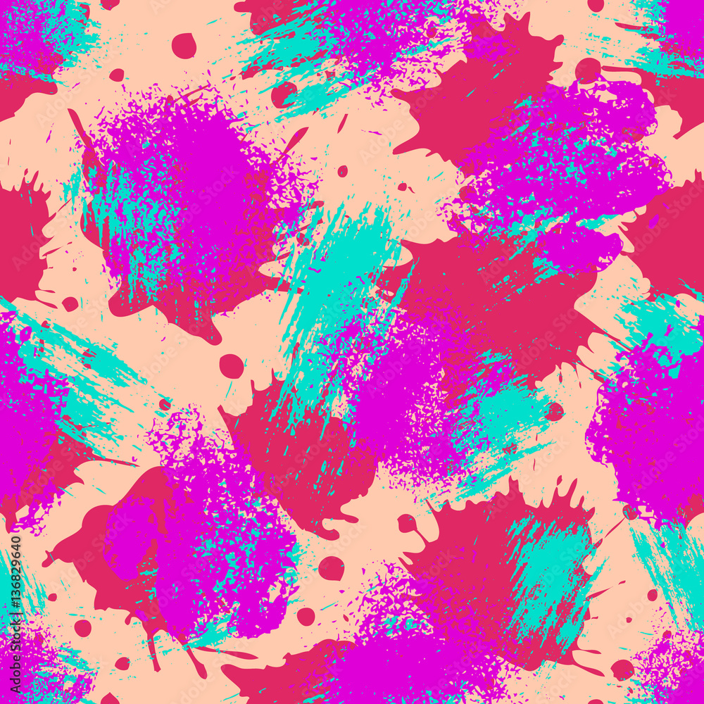 Obraz premium Vector seamless pattern with inc splash, blots, smudge and brush strokes. Grunge template for web background, prints, wallpaper, surface, wrapping, elements for design.