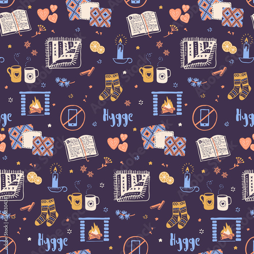 Vector seamless pattern with Hygge concept and cozy home things like candles, socks, oversize rug, tea, fireplace. Danish living concept. Greeting card template, hand drawn style.