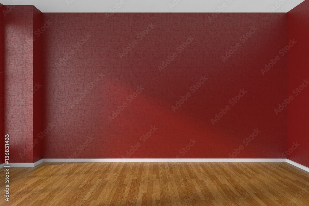 Red empty room with dark parquet floor Red empty room with dark parquet floor