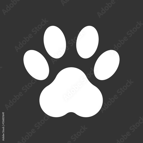 Paw print icon vector illustration isolated on black background. Dog, cat, bear paw symbol flat pictogram.