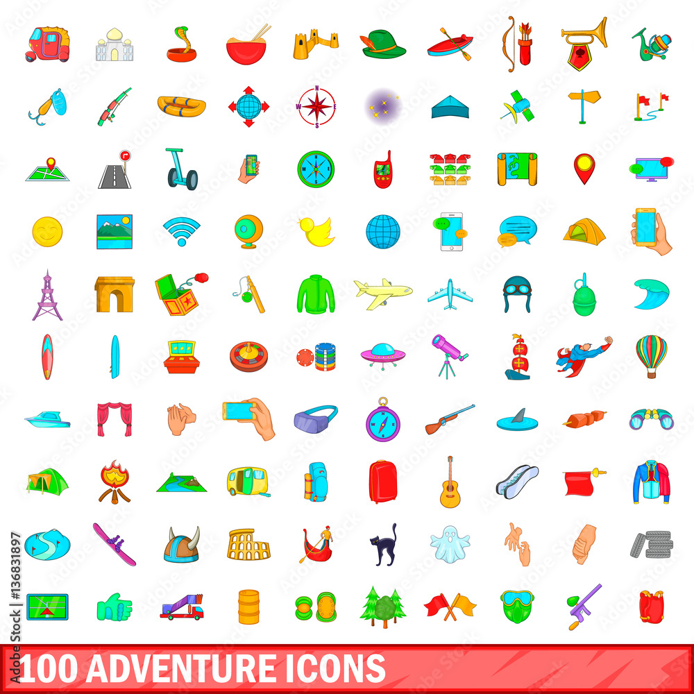 100 adventure icons set, cartoon style