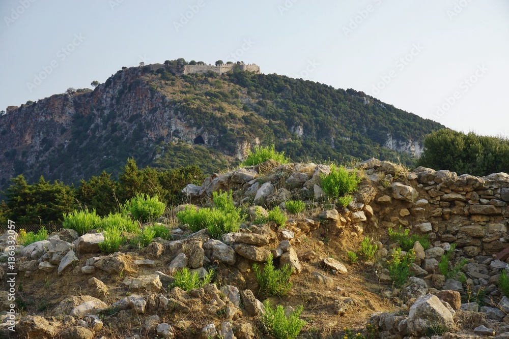 The ancient Palace of Nestor overlooking Voidokilia Beach and Navarino Bay in Pylos, Messenia, Greece