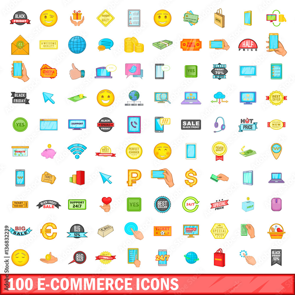 100 e-commerce icons set, cartoon style 100 e-commerce icons set, cartoon style