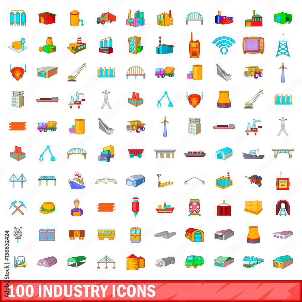 100 industry icons set, cartoon style 100 industry icons set, cartoon style