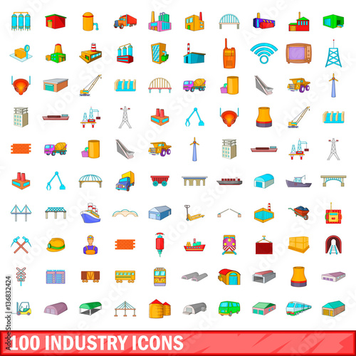 100 industry icons set, cartoon style