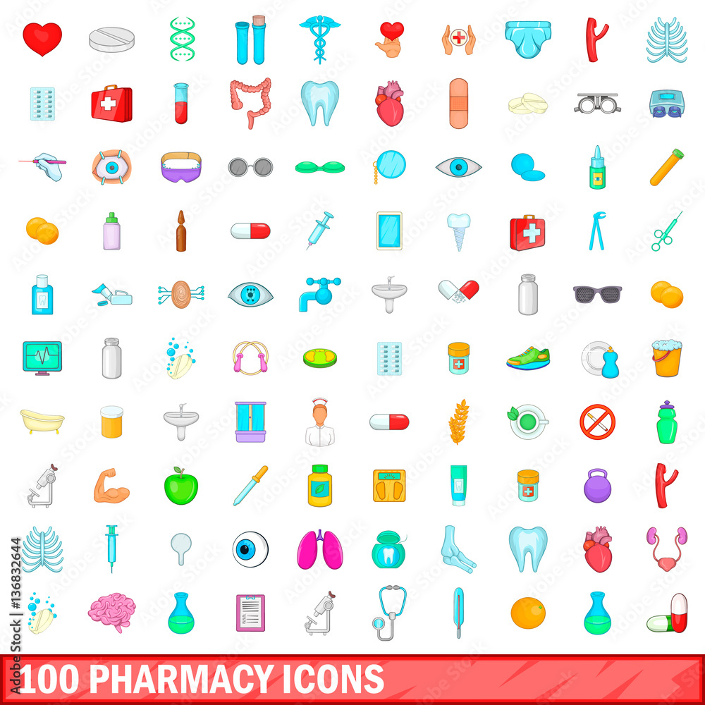 Fototapeta premium 100 pharmacy icons set, cartoon style