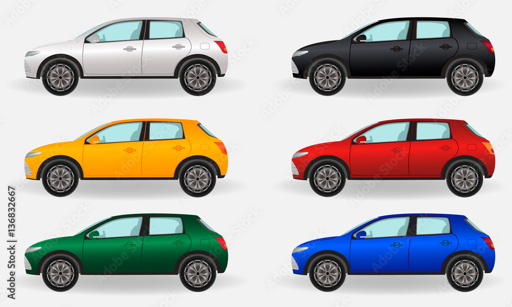 Realistic cars isolated on a white background. Set of six different colors vehicles.