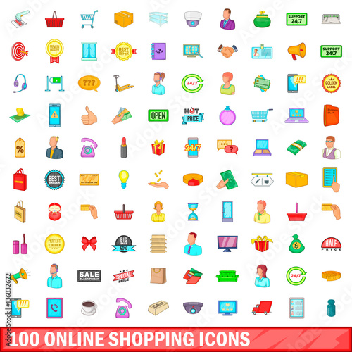 100 online shopping icons set, cartoon style