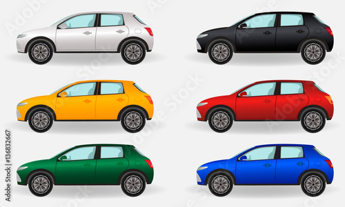 Realistic cars isolated on a white background. Set of six different colors vehicles.