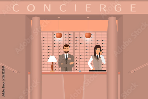 Hotel concierge service. Front view of concierge counter with two hotel employee.