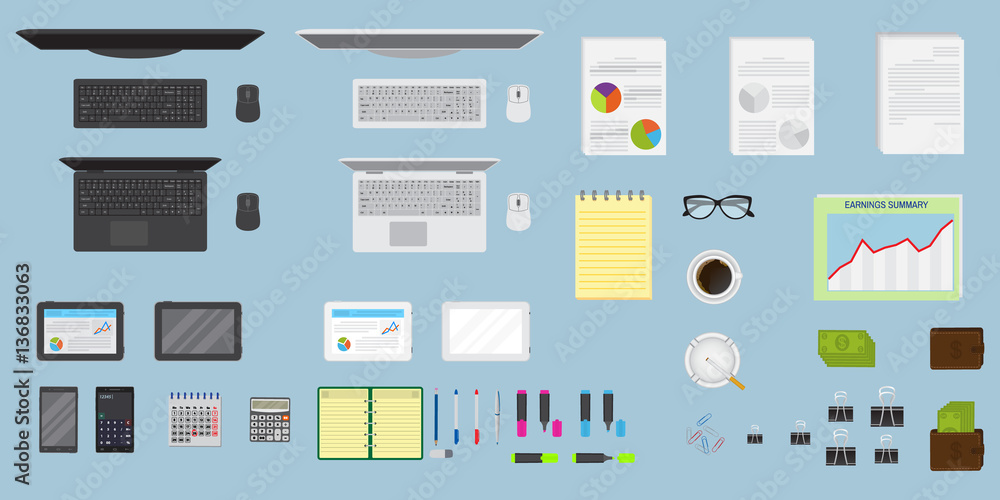 Top view office table workspace organization. Create your own style. EPS10 fully editable. Flat style vector illustration. Top view office table workspace organization. Create your own style. EPS10 fully editable. Flat style vector illustration.
