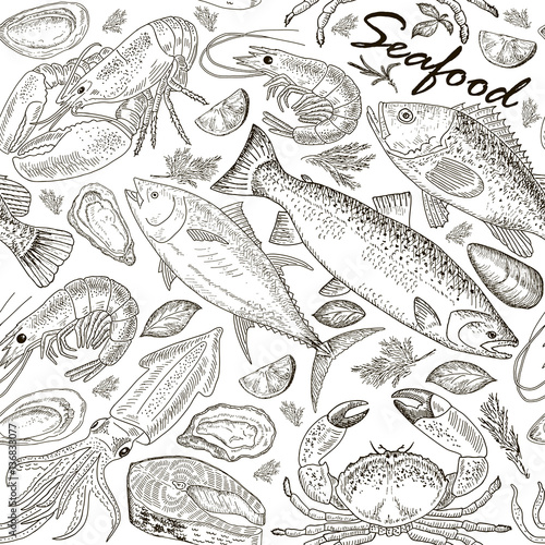 Seafood set seamless pattern