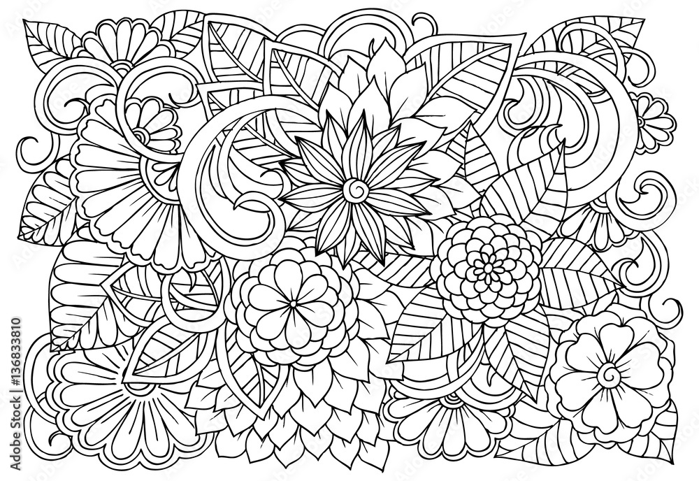 Fototapeta premium Doodle floral pattern in black and white. Page for coloring book