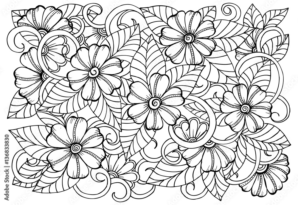 Doodle floral pattern in black and white. Page for coloring book Doodle floral pattern in black and white. Page for coloring book