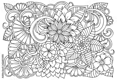 Doodle floral pattern in black and white. Page for coloring book