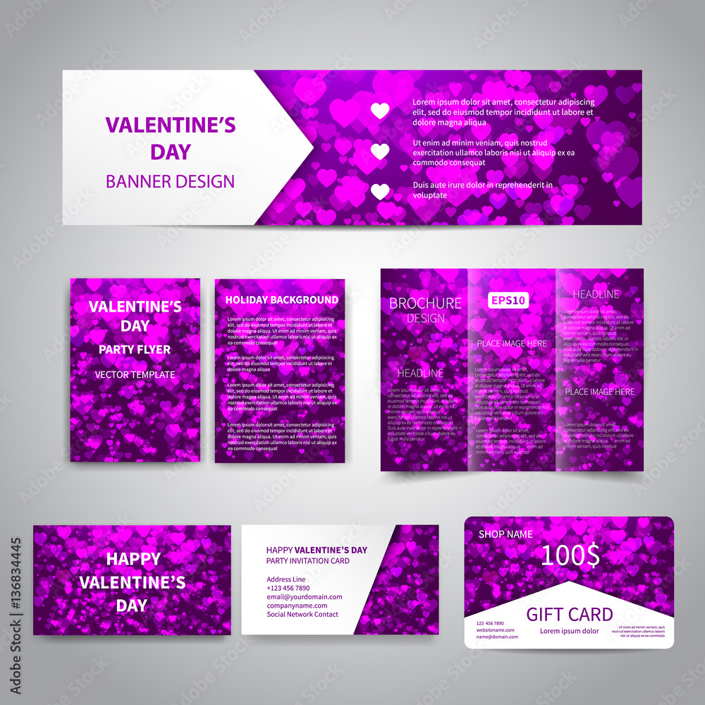 Valentine's Day banner, flyers, brochure, business cards, gift card design templates set with pink hearts on purple background. Corporate Identity set, advertising, promotion, party printing