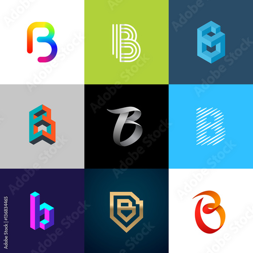 Letter "B" big logo pack. Creative vector monograms. Striped, ribbon, colorful, isometric, linear, 3d logos.Eps10 format.