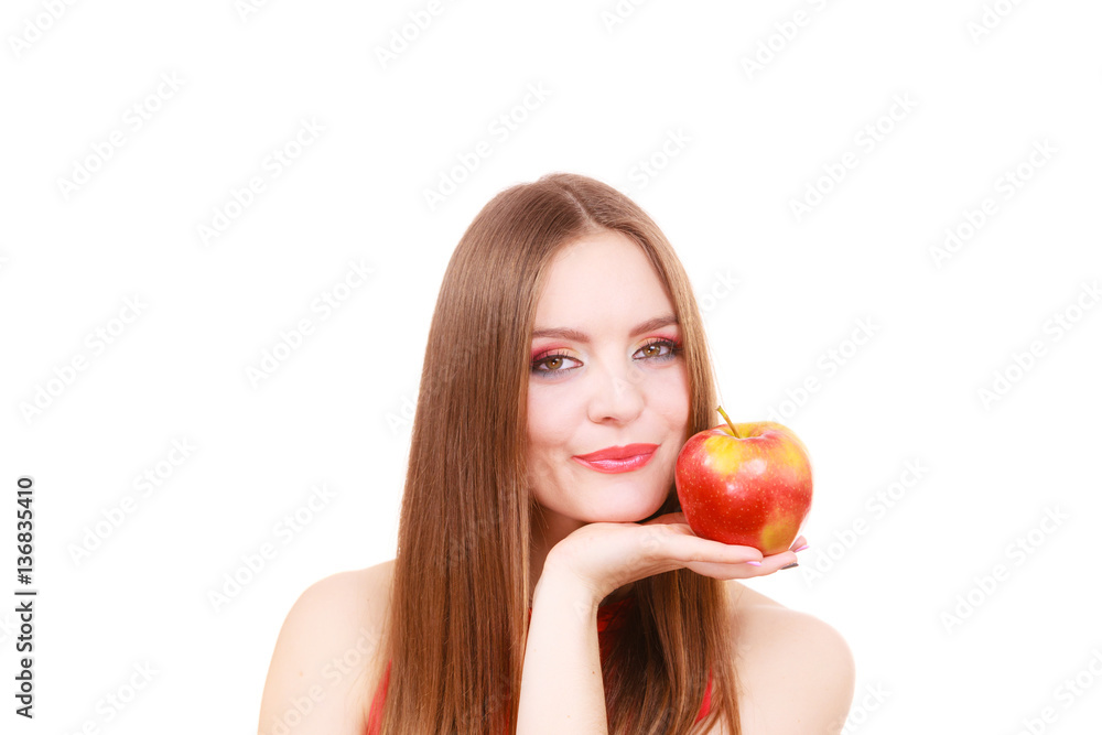 Woman charming girl colorful makeup holds apple fruit Woman charming girl colorful makeup holds apple fruit