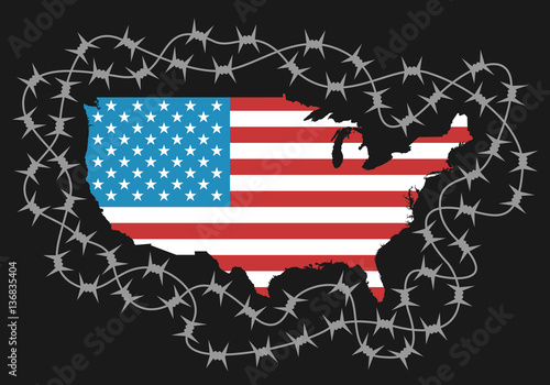 Territory of USA as protected area by barbed wire - american policy of isolationism, ban to enter and protection of borders. Vector illustration with map and flag of USA