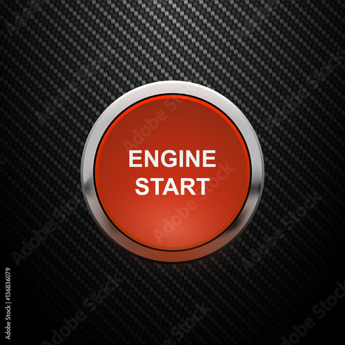 Realistic Red Engine start button on carbon background, vector illustration