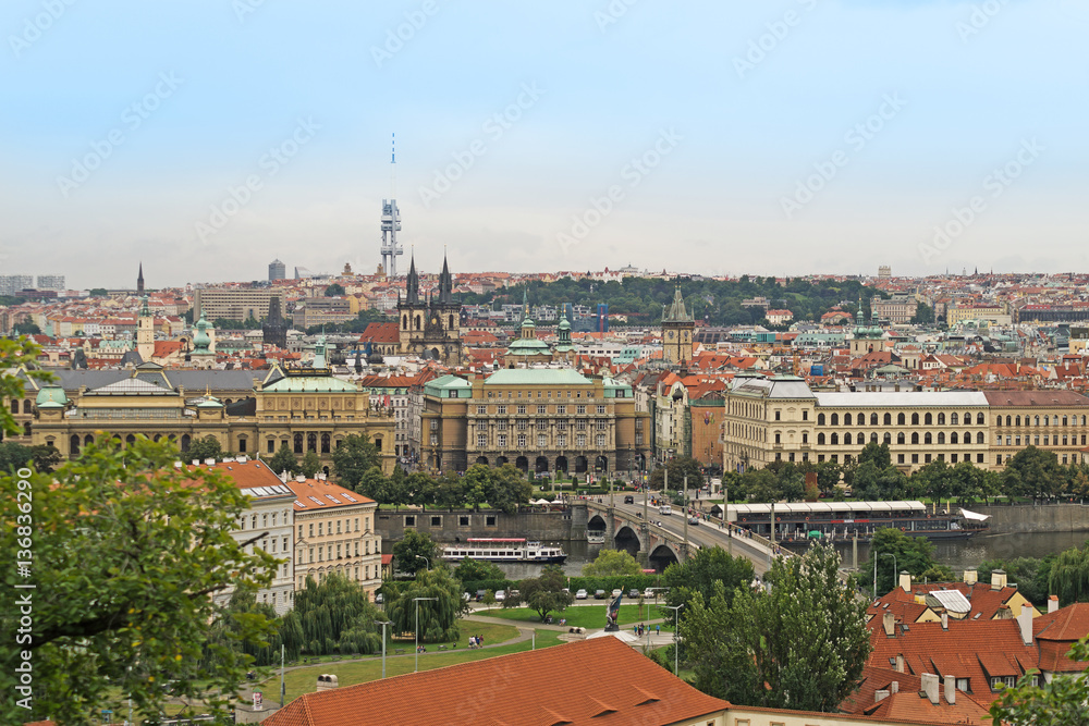 Classic cityscape in Prague, with red tile roofs.